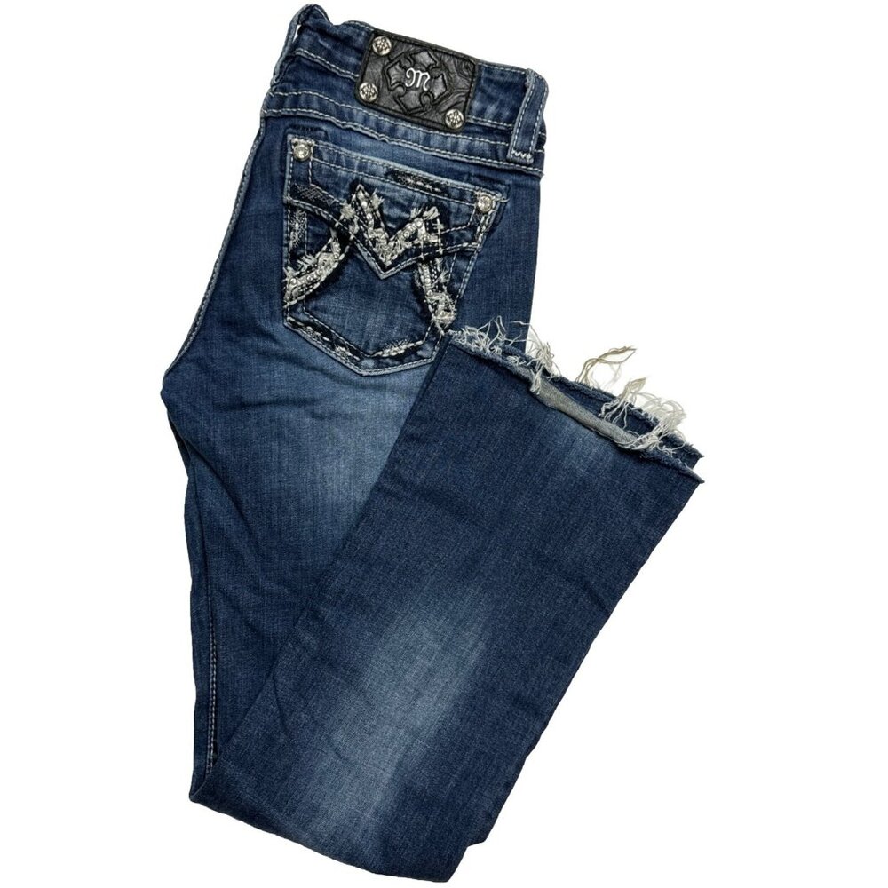 Miss Miss Women’s 28x30 Blue Denim Jeans Bootcut Embroidered Stretch Cut Off